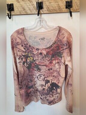 Roper Women's Long Sleeve Tee T-shirt Western Cowgirl Rodeo Queen Horses Size M
